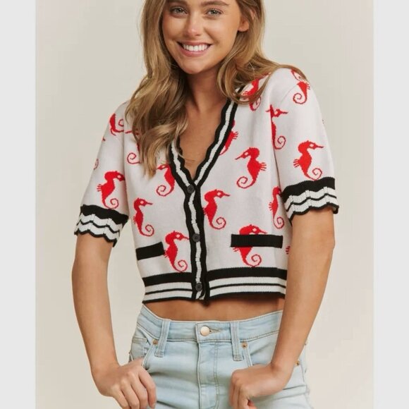 Women Crop Cardigan Size M Cute Red Seahorses Short Sleeves V-Neck Buttons Front - Picture 3 of 10
